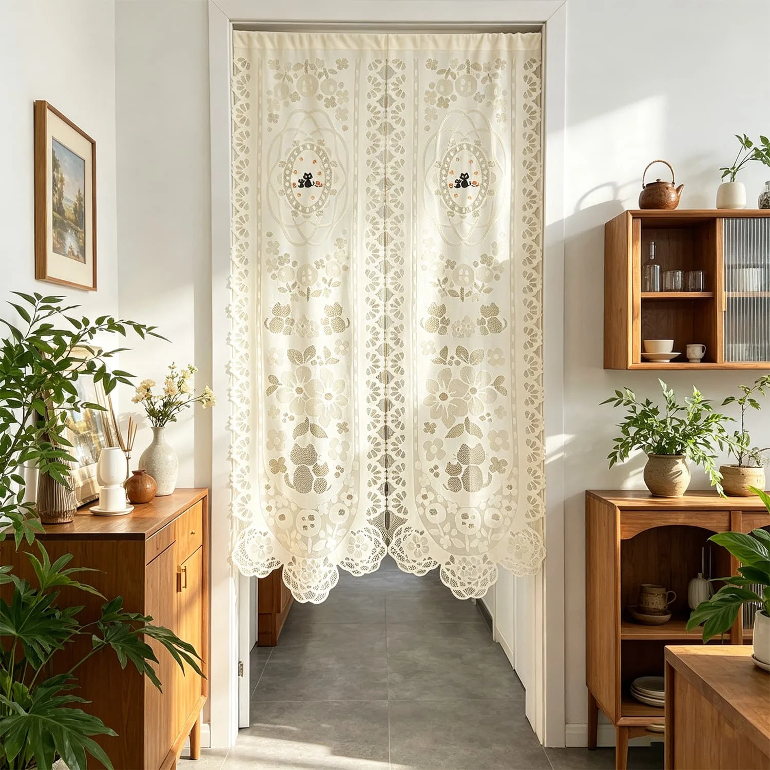 Cute Cat Lace Door Curtain Vintage Hollow Semi‑sheer Rod Pocket Cabinet Curtain Kitten Flower 1005012280658353