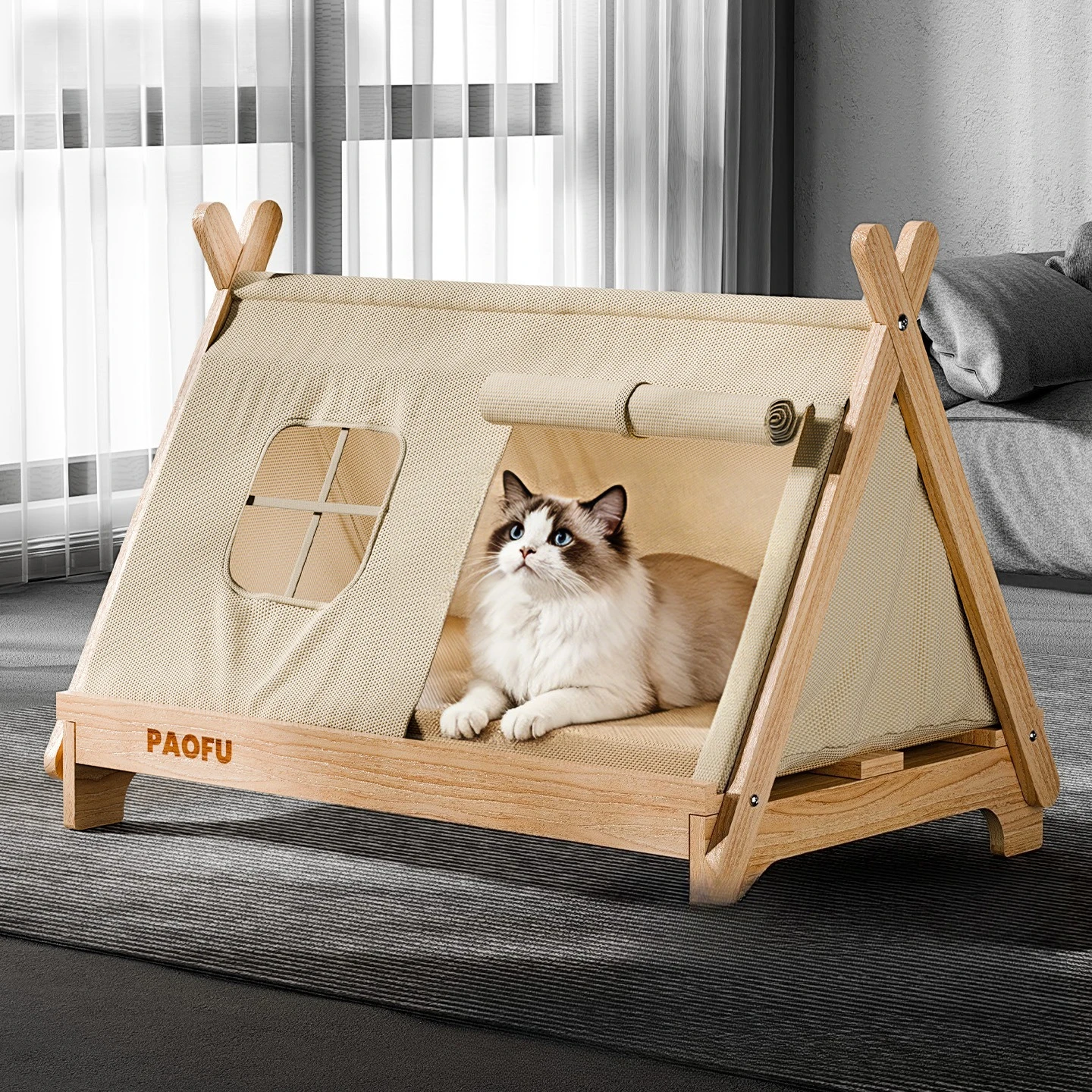 Cat Bed with Window Wooden Tent Elevated Pet House Dogs Stable Frame Supplies Safe Comfortable 1005012283789854