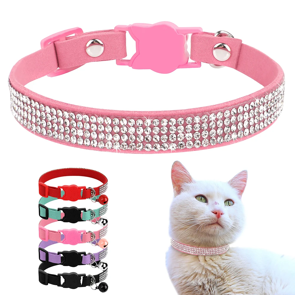 Soft Pink Suede Leather Cat Collar, Cute Bling Rhinestone Design 1005012293047523