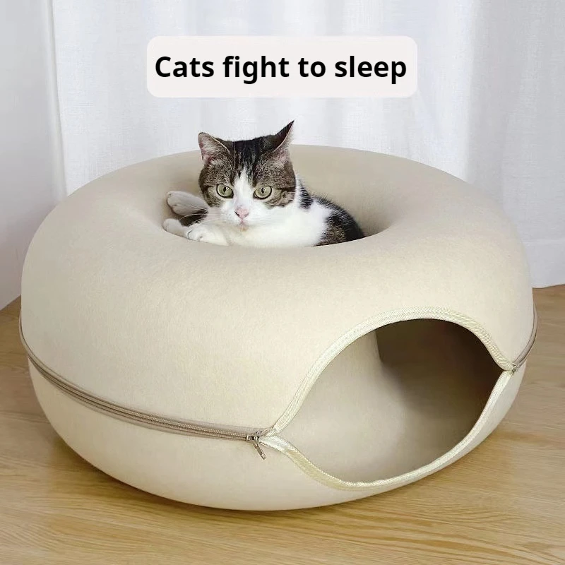 Indoor Cat Donut Tunnel Bed Detachable Washable Felt Cave Hideout Interactive Play Rest Nest 1005012294501577