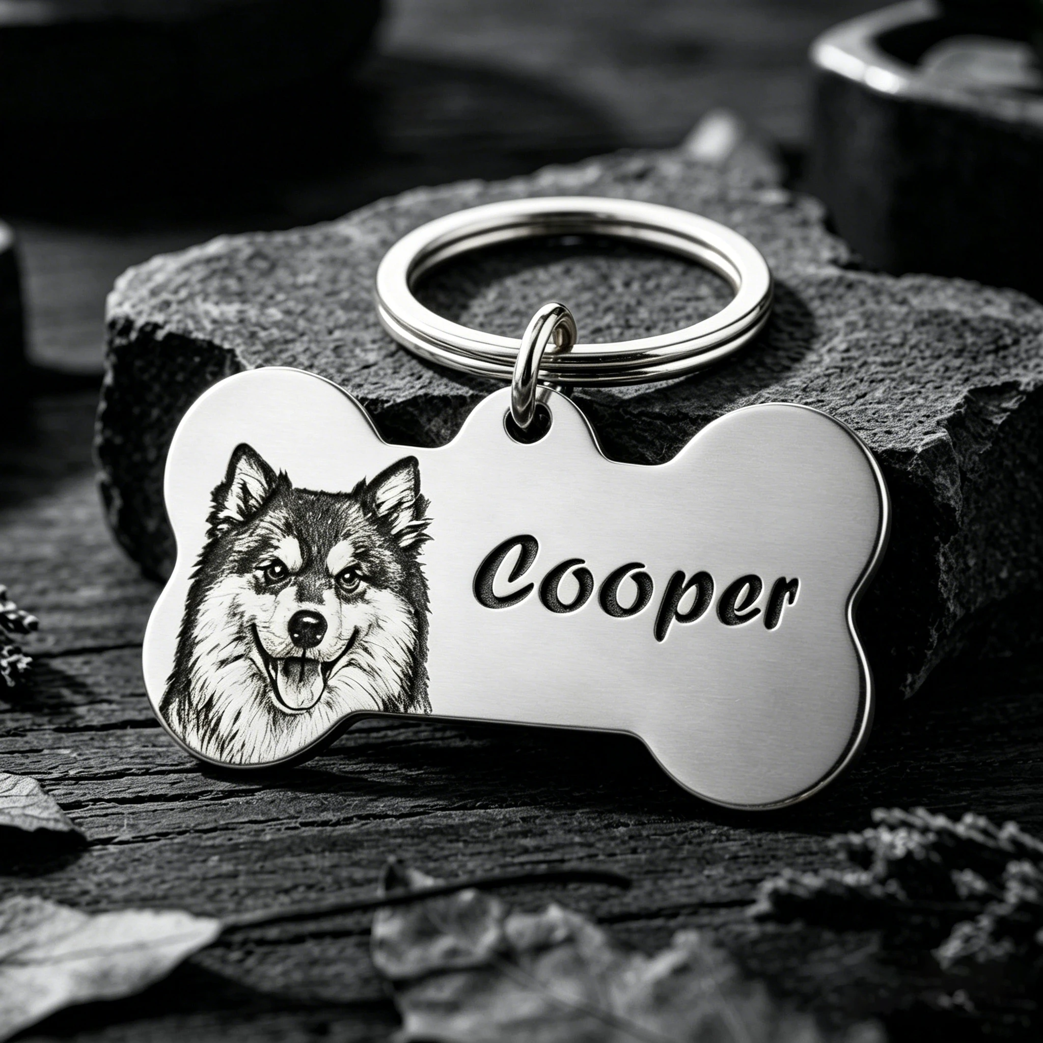 Custom Pet Dog Keychain Bone Shape Stainless Steel Engraved Dog Portrait Name Tag ID Pendant 1005012307455100