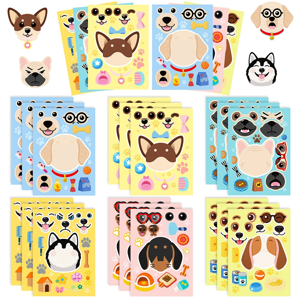 6/12sheets Cute Cartoon Pet Dog Head Puzzle Stickers Funny Make a Face Game DIY Assemble Jigsaw 1005012312433588