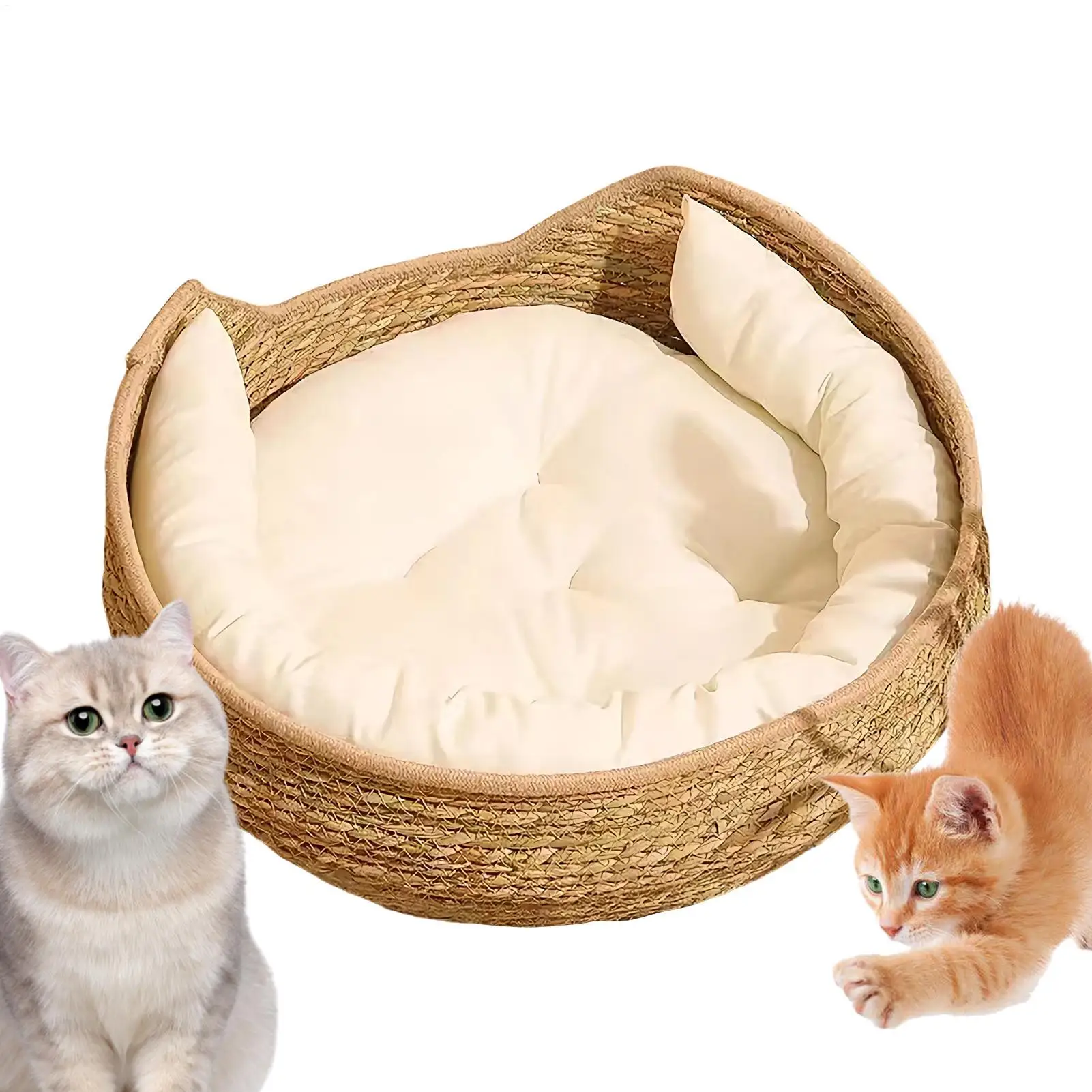 Natural Cat Bed Straw Nest Woven Pet House Handmade Braided Cattail Leaf with Soft Cushion 1005012326493934