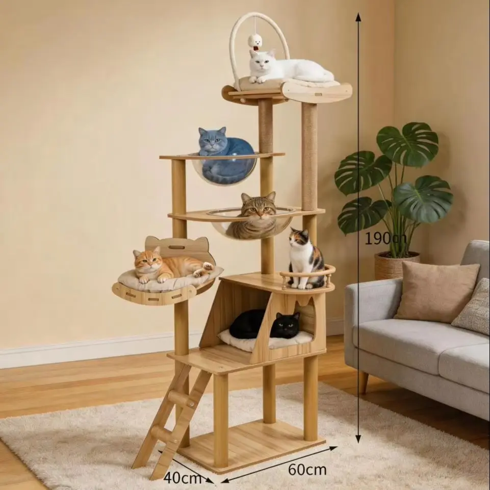 Integrated Large Wooden Cat Tree & Tower, Space Capsule Cat House Scratching Post 1005012329984209