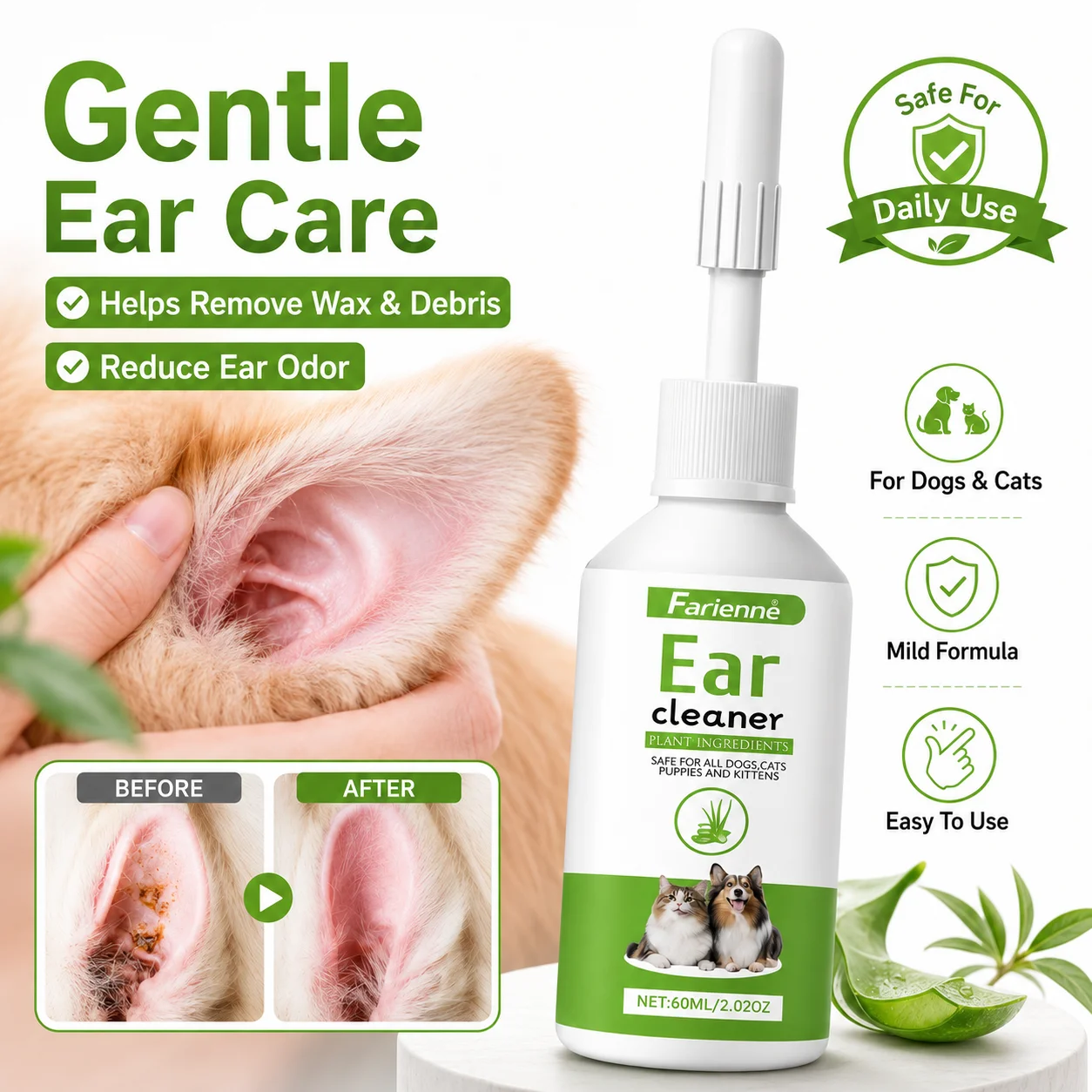 Natural Herbal Pet Ear Wash for Dogs Cats Clear Earwax Dirt Mild Daily Home Ear Care Gentle (60ml) 1005012332554746