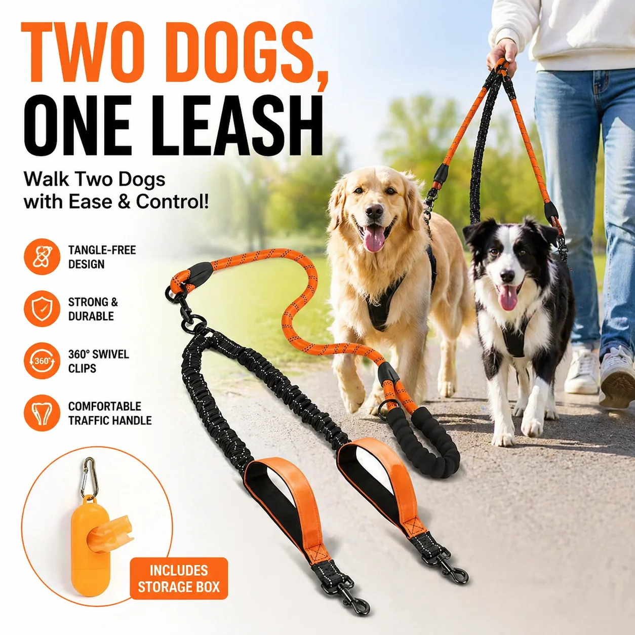 Reflective Double Dog Leash with Two Handles 360 Rotation Non-Tangle Shock Absorbing Rope 1005012338254870