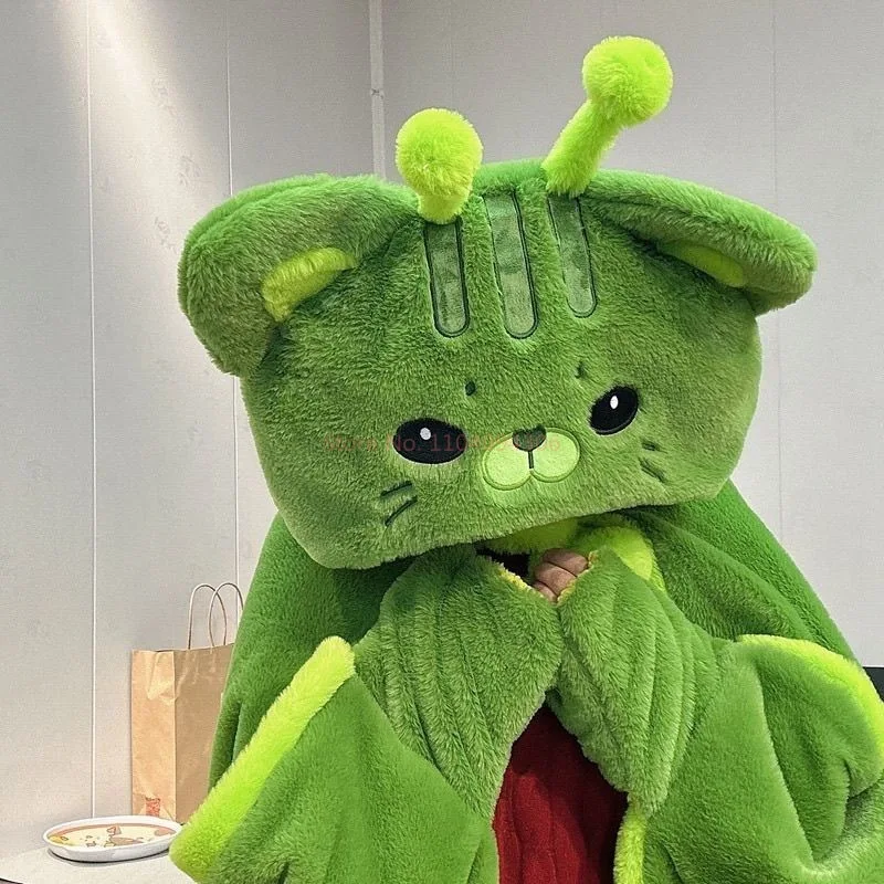 Cartoon Cute Alien Cat Hooded Blanket Plush Cloak for Winter Green Flannel Wearable Robe 1005012346194973