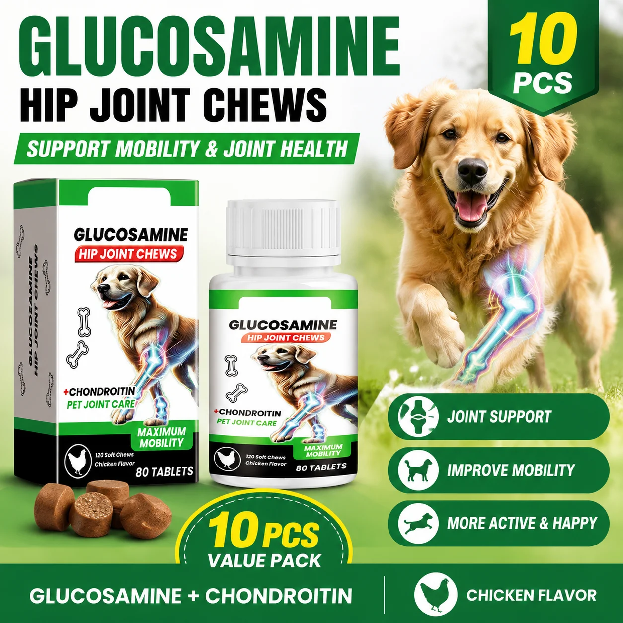 Dog Joint Care Tablets Pet Hip and Joint Supplement Glucosamine Chondroitin Soft Chews Mobility 1005012370853579