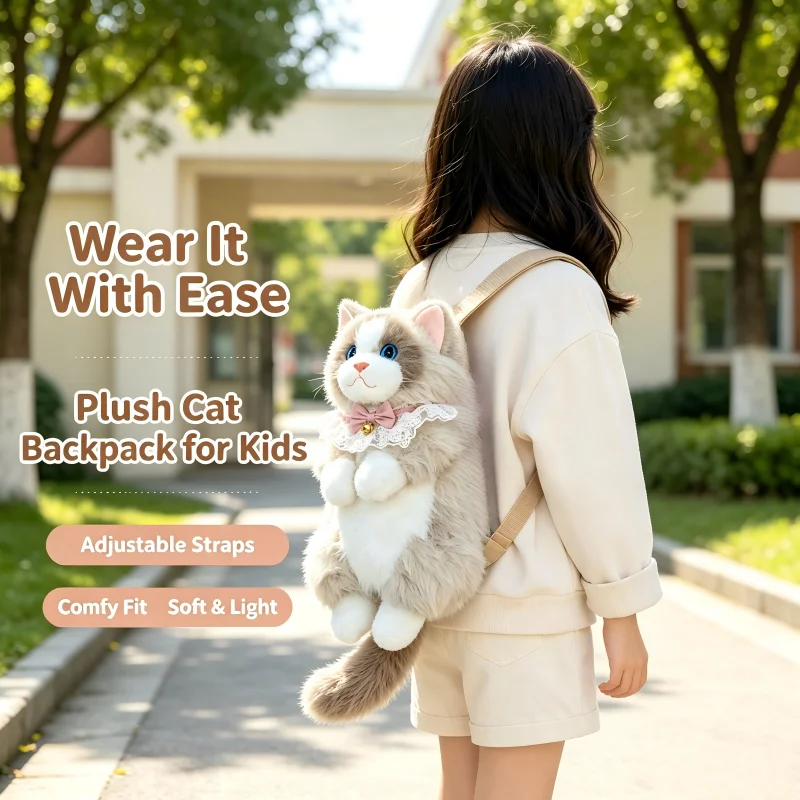 Cute Cat Backpack for Girls, Kawaii Plush Bag, Soft Animal Crossbody Bag for School 1005012374613336