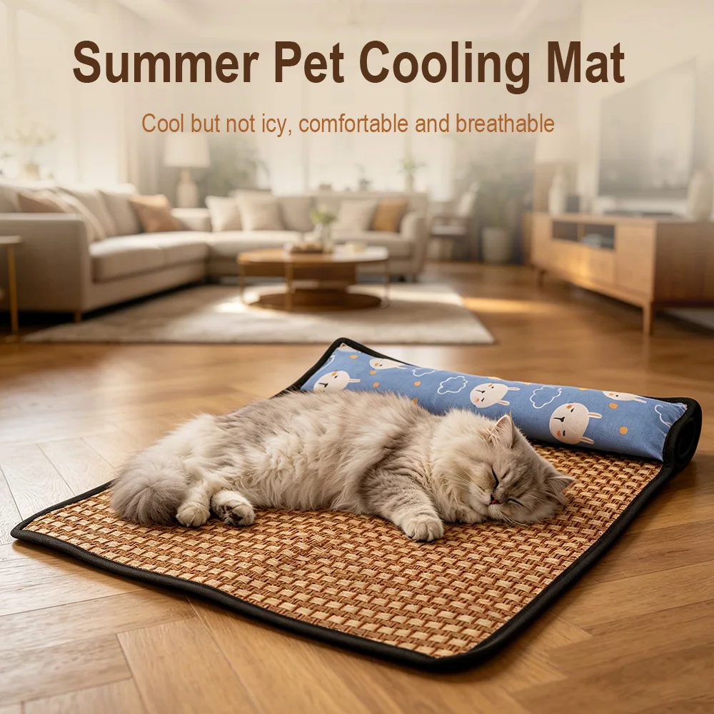 Summer Cat Natural Cooling Mat with Pillow Washable Foldable Cat Bed Mat Breathable 1005012378070061
