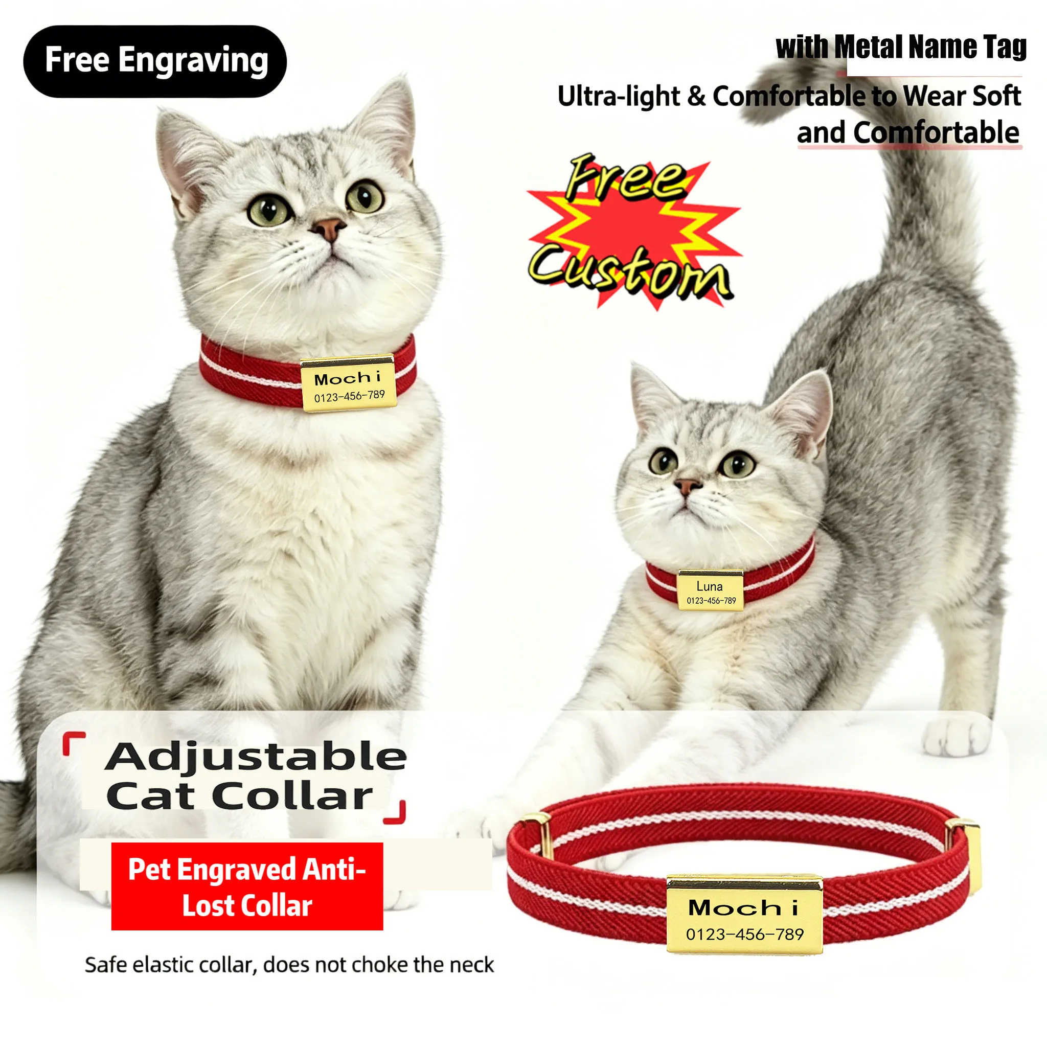 Personalized Customized Cat Collar with Metal Name Tag Pet ID Anti-Lost Breakaway Elastic Small Dog 1005012379271397