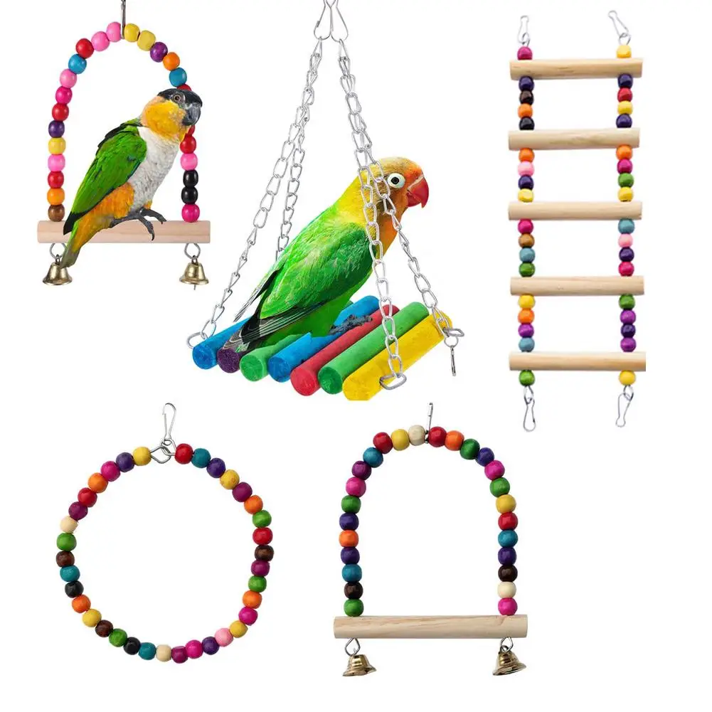 Parrot Wooden Toy Set Hanging Climbing Ladder Colorful Beads Bells Swing Stand Bridge for Small 1005012381134361