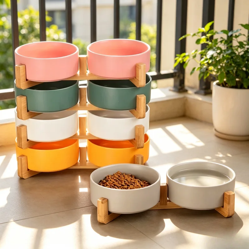 Ceramic Pet Bowl with Wood Stand, No Spill Double Bowl for Dog & Cat Food Water Feeder 1005012381287655