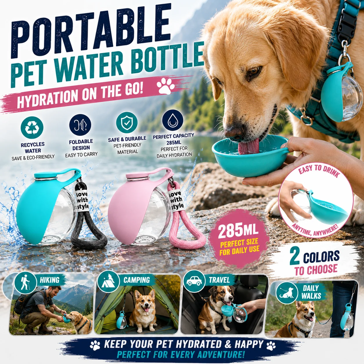 Portable Dog Water Bottle with Bowl Leak Proof Travel Water Dispenser for Pets Outdoor Walking 1005012382270476