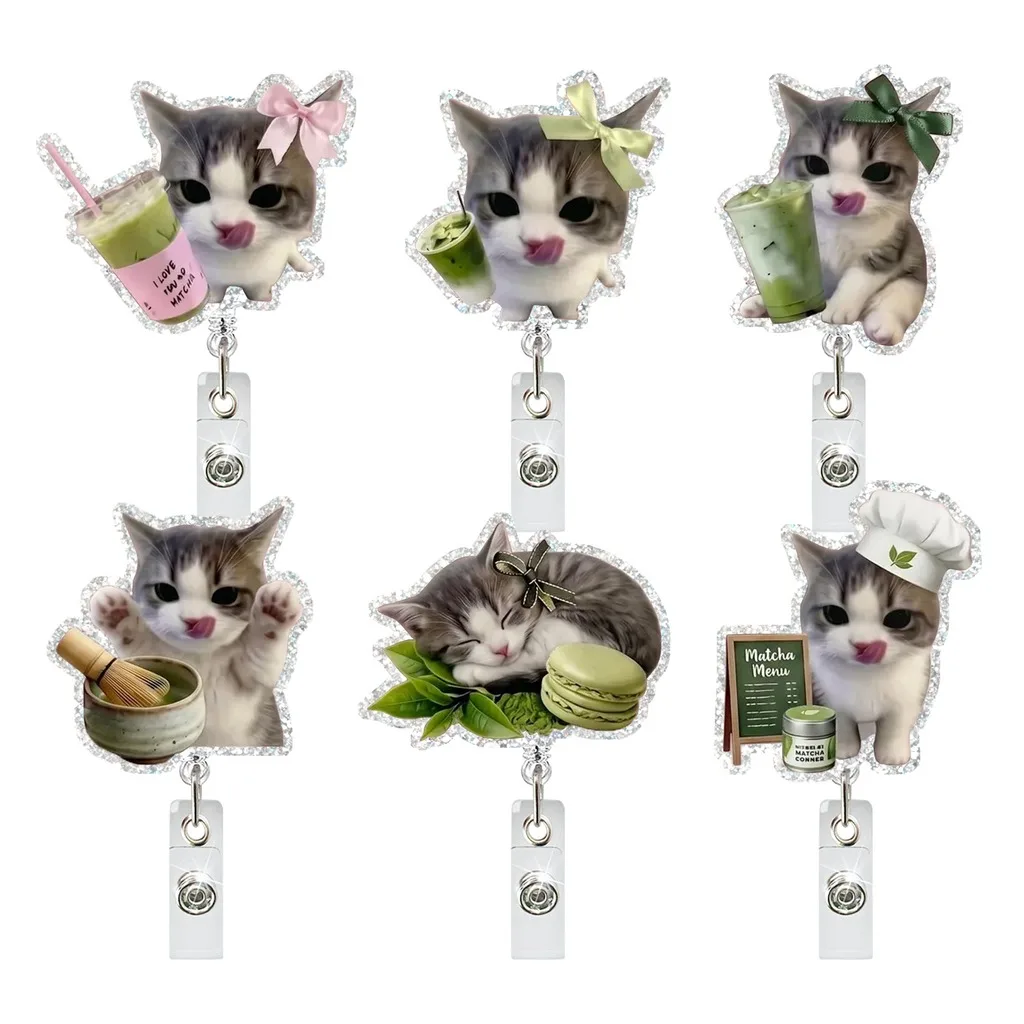 Cute Cat Acrylic Badge Reel Retractable Name Tag Alligator Clip Id Card Holder for Nurse Office 1005012382381215