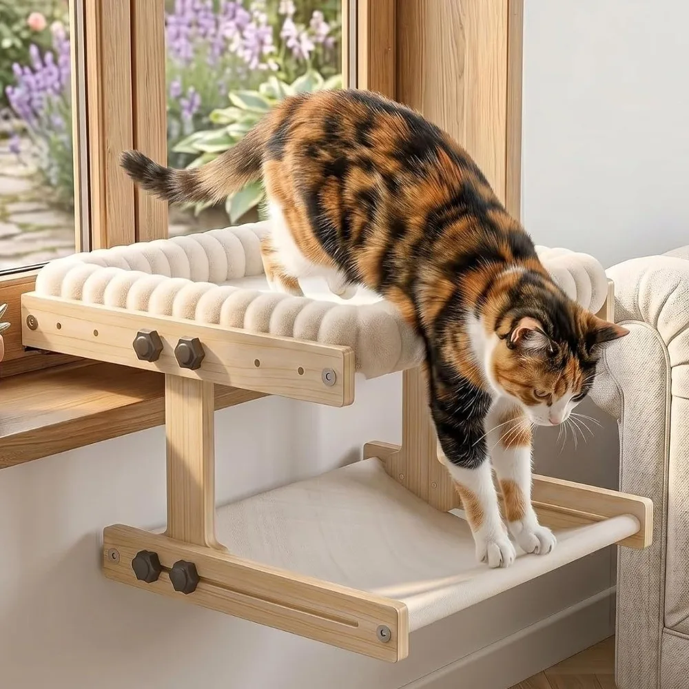 Easy to Assemble Adjustable Cat Window Perch Wooden Frame Detachable Cat Hammock Cushion 1005012389277194