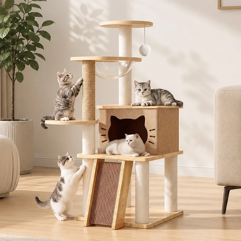 Cat Tree with Scratching Posts, Hammock, and Play Ball - Multi-Level Cat Furniture for Indoor Cats 1005012400110015