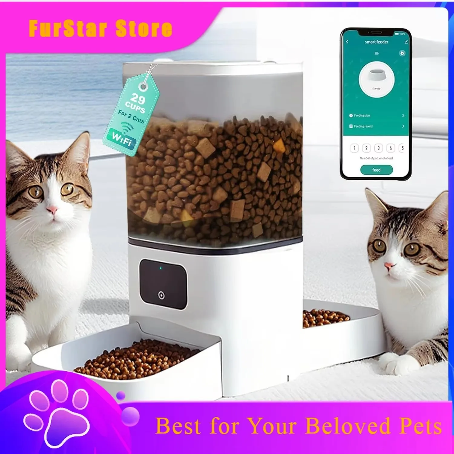 Furstarpet Double Bowl Automatic Feeder Cat Dog Feeding Service Smart Dispenser 6L Large Capacity 1005012406019325