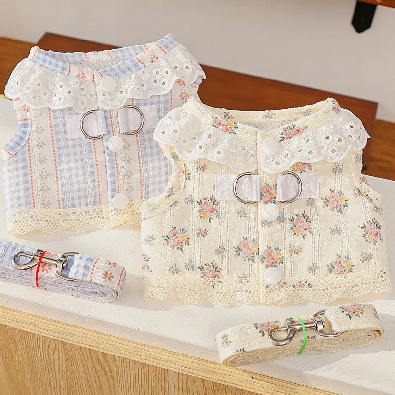 Mesh Dog Harness Vest Set Summer Floral Pattern Pet Chest Strap for Training Walks Beige Blue Puppy 1005012407089756