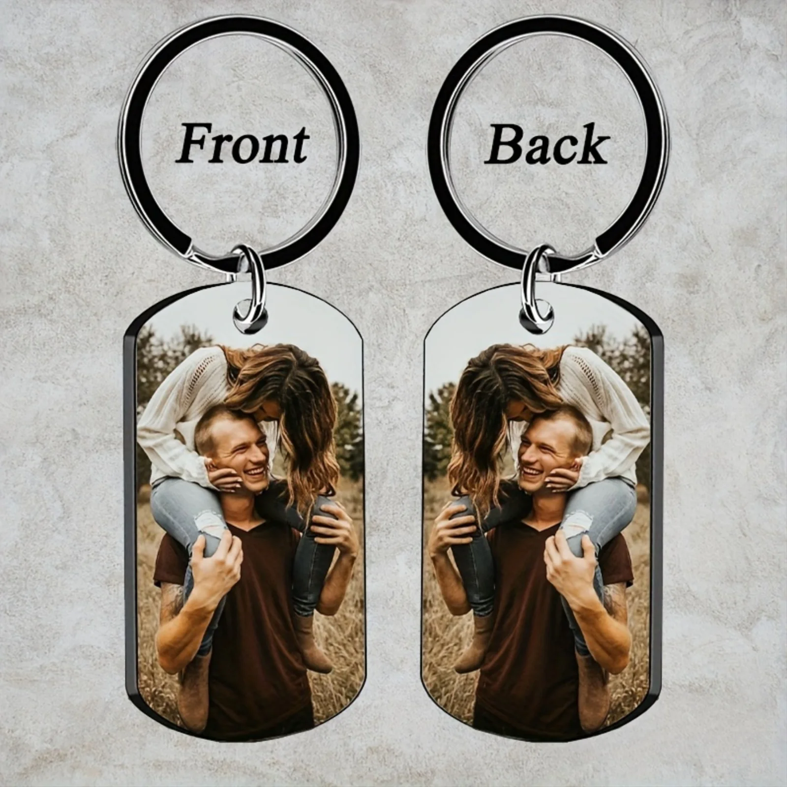 Black Double Sided Dog Tag Photo Text Keychain 1005012409748700
