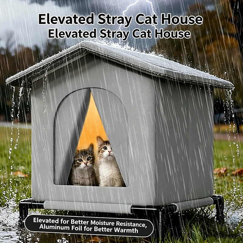 Waterproof Windproof Elevated Base Closed Cat House All Season Warm Cool Outdoor Shelter for Stray 1005012411004687