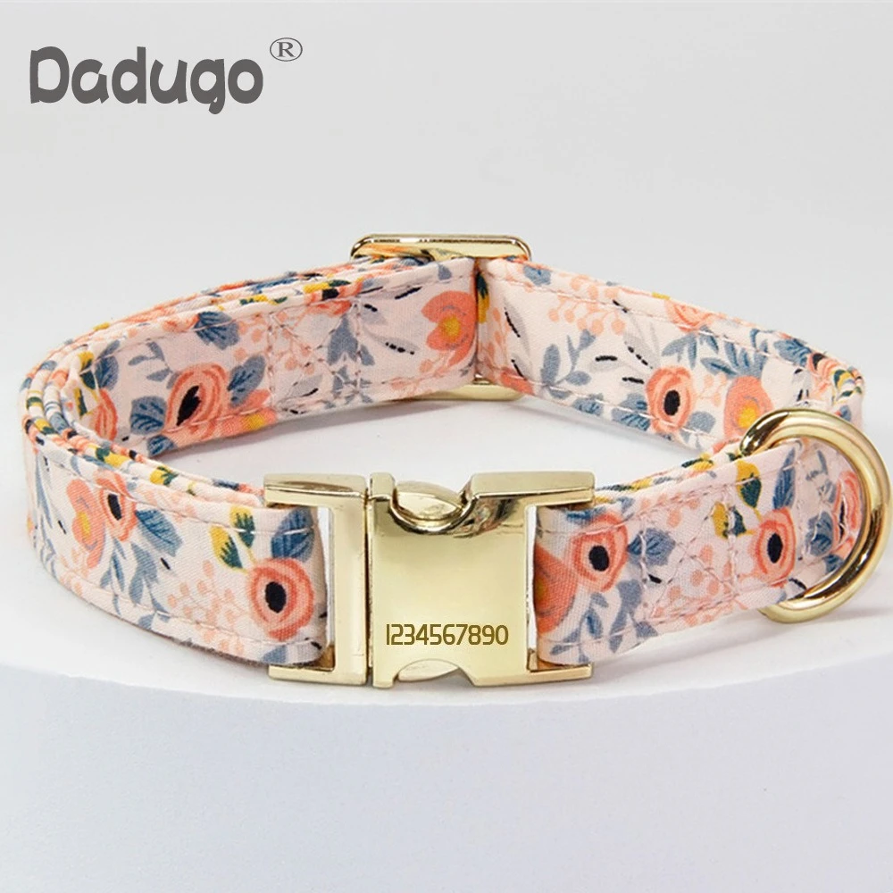 Personalized Floral Print Dog Collar Custom Engraved Name Tag Gold Metal Buckle Adjustable Cotton 1005012411244909