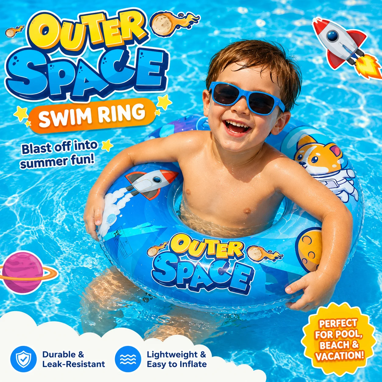 Cartoon Rocket Dog Swim Ring, Inflatable Swimming Circle， Pool Float Tube Summer Beach Toy (1PC) 1005012415168612