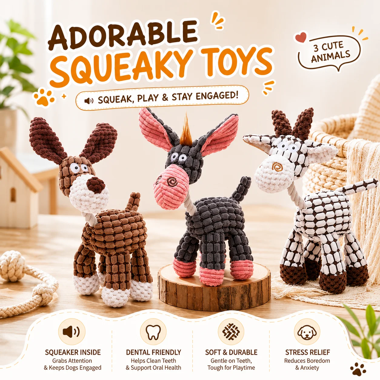 Dog Squeaky Toys Set Plush Chew Toy Interactive Puppy Soft Durable Pet Teeth Cleaning (3PCS) 1005012415540482