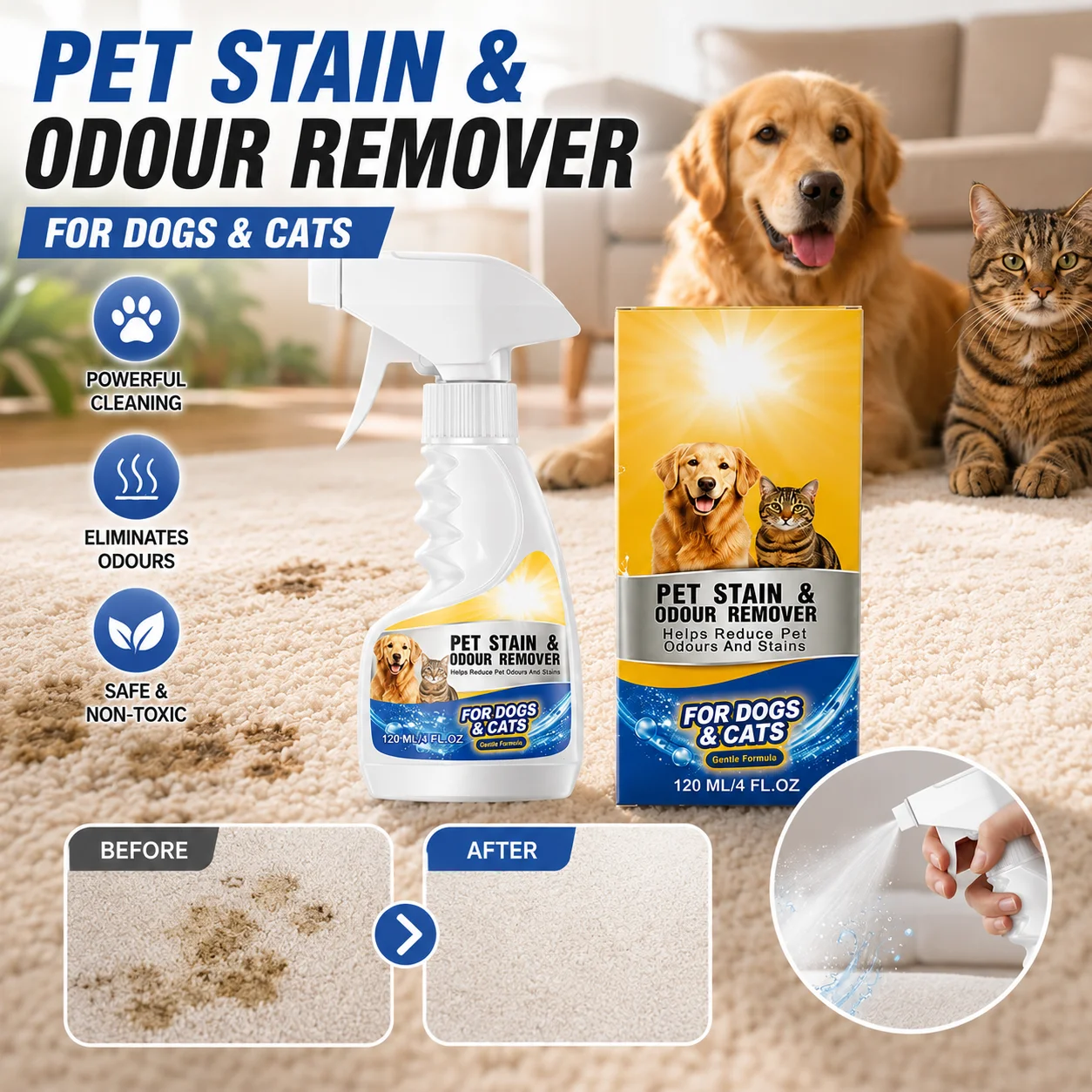 Pet Stain Odor Remover Spray Pet Cleaner for Dogs and Cats Removes Stains and Odors From (120ml) 1005012417125271