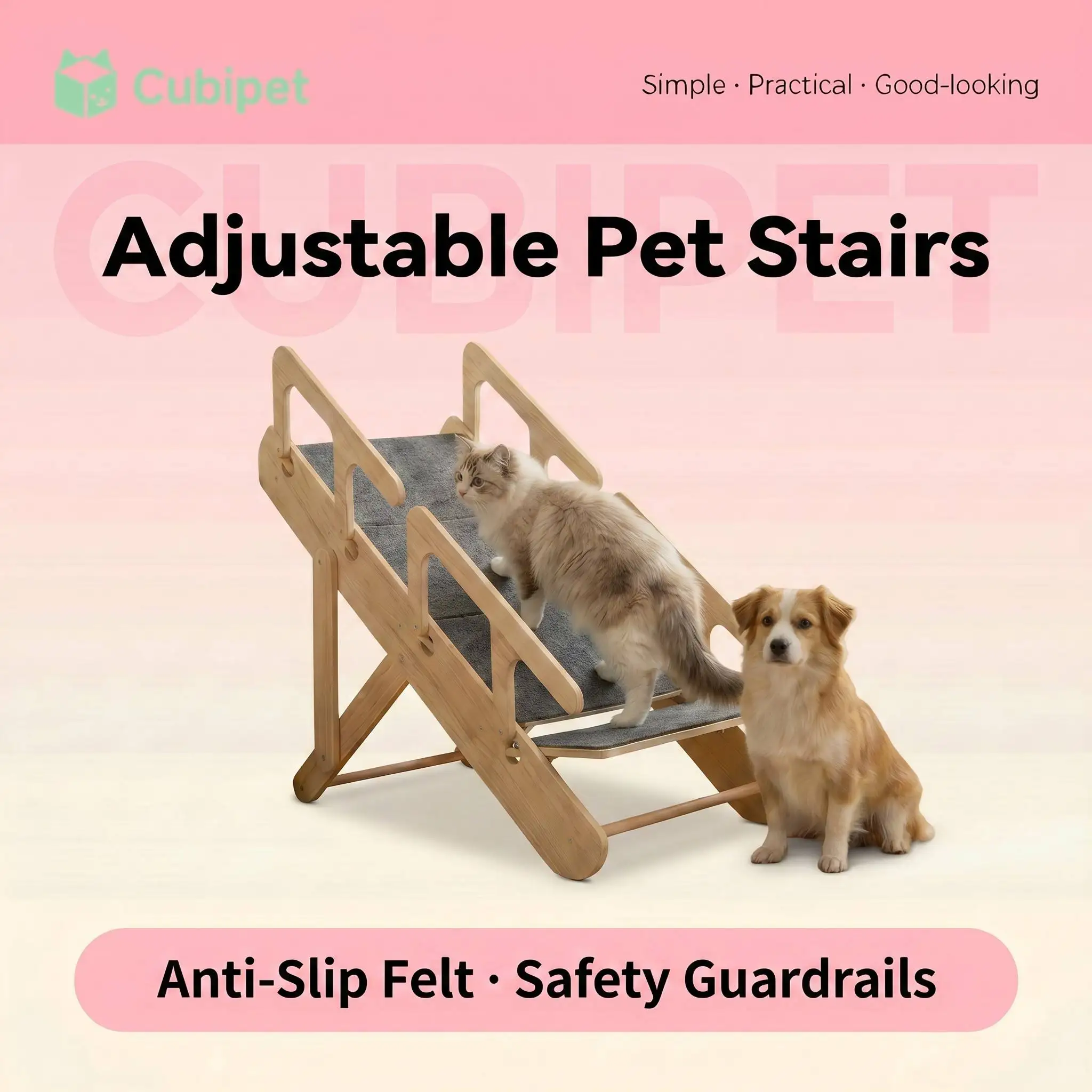 Adjustable 4-Tier Solid Wood Pet Stairs Foldable Felt Dog Ladder Ramp 1005012417232464