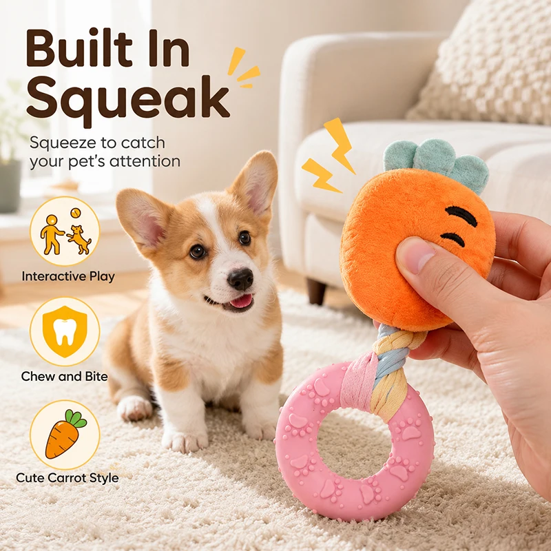 Squeaky Dog Chew Ring Toy Plush TPR Puppy Teething Toy Interactive Bite Toy for Boredom Relief 1005012417567734
