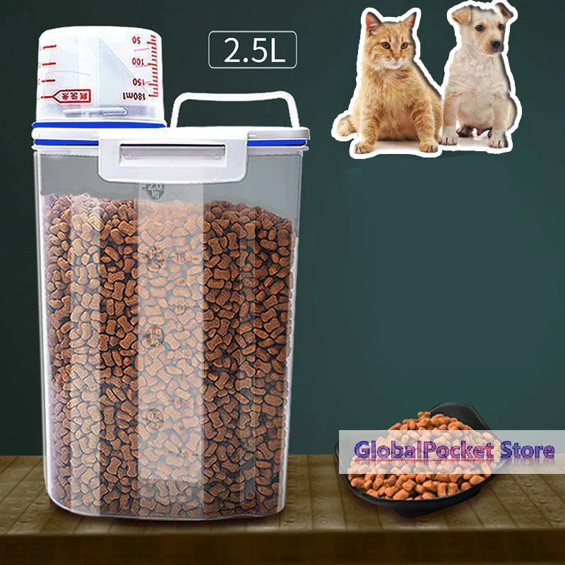 1.5kg/2kg Dog Cat Food Pail Plastic Storage Tank with Measuring Cup Container Moisture-Proof Sealed 1005012423477143