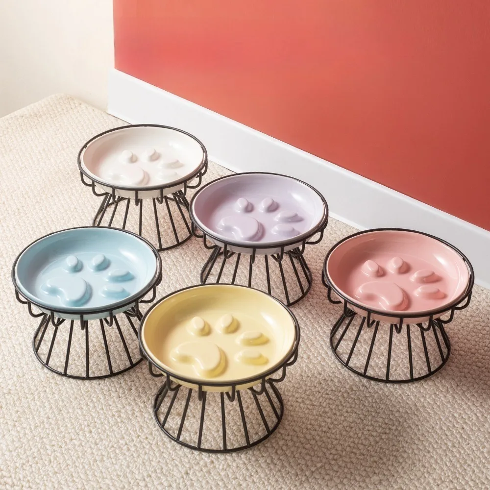 Ceramic Cat Bowl Slow Food Plate for Pet Feeder Elevated/Raised Iron Stand Anti Vomiting Kitten 1005012430452184