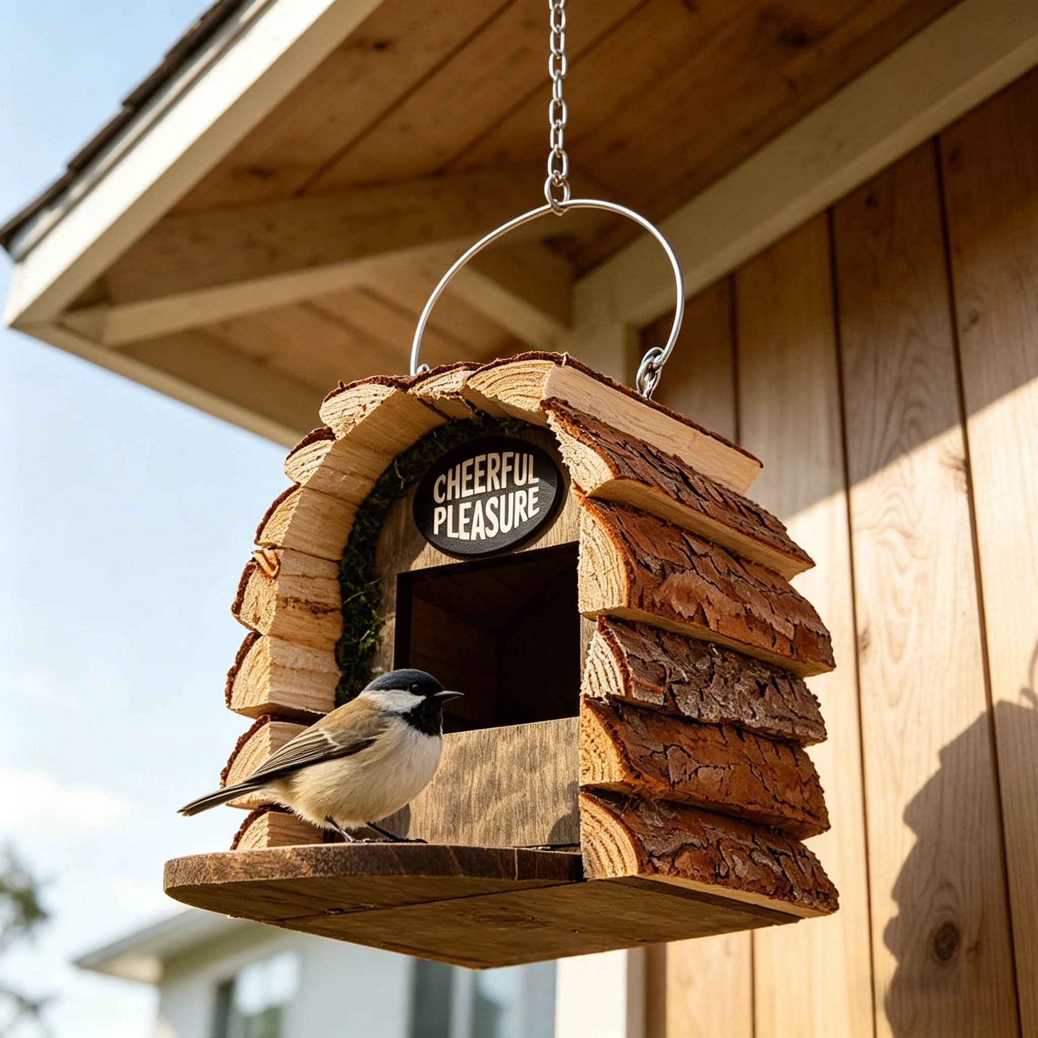 Wooden Bird House, Natural Outdoor Hanging Bird Nest with Feeding Station 1005012431211480
