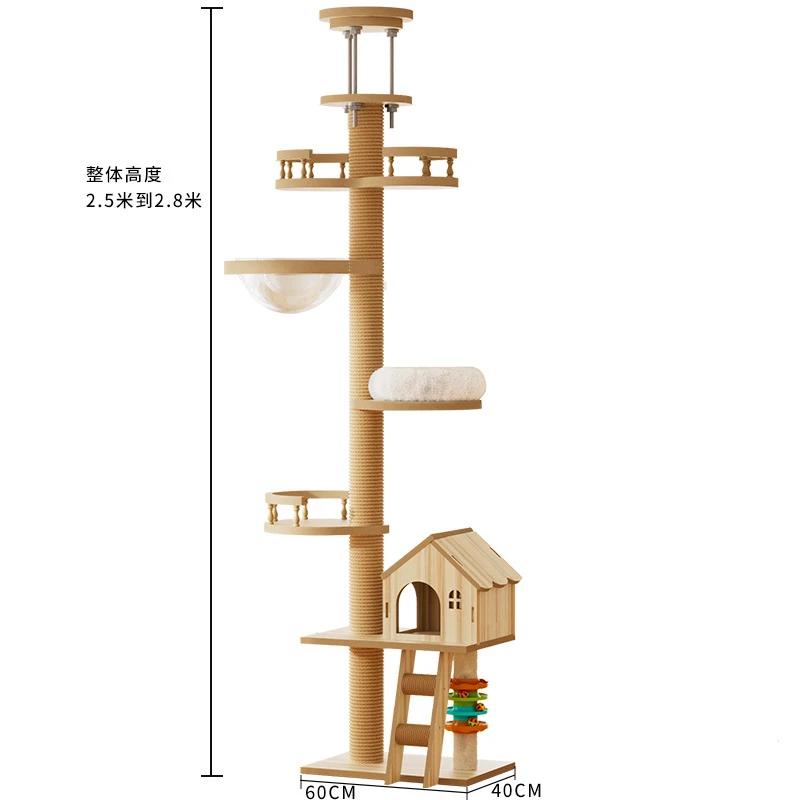 Solid Wood Floor to Ceiling Multi-Level Cat Tree Climbing Tower with Scratching Post Space Saving 1005012431705539
