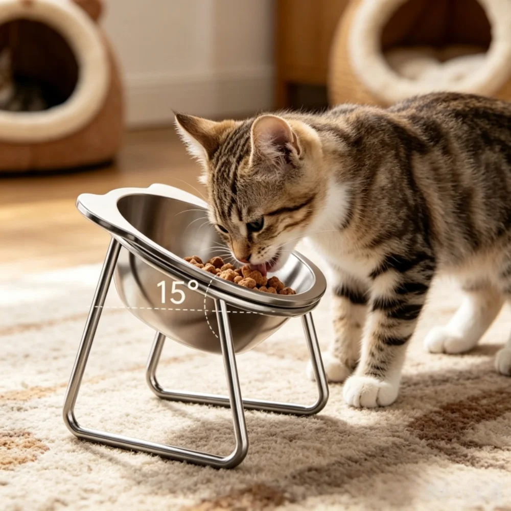 Cat Bowl 15° Tilted Elevated 304 Stainless Steel Anti-Vomiting Pet Food Water Bowl Spine Protection 1005012432203848