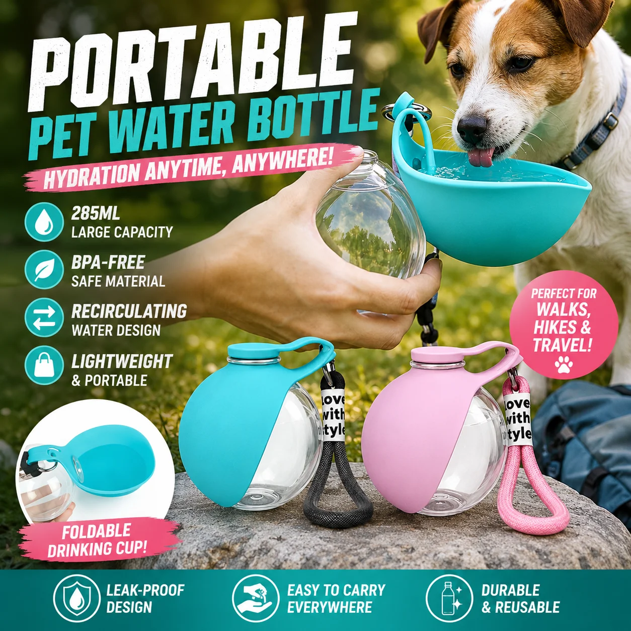 Pet Travel Water Bottle Fold Bowl Design Leak Resistant Portable Dog Dispenser Easy to Clean 1005012433482848