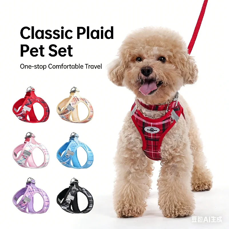 Classic Plaid Pet Harness Three-Piece Set, Stress-Relief Dog Leash, Vest-Style Dog Harness 1005012433694910