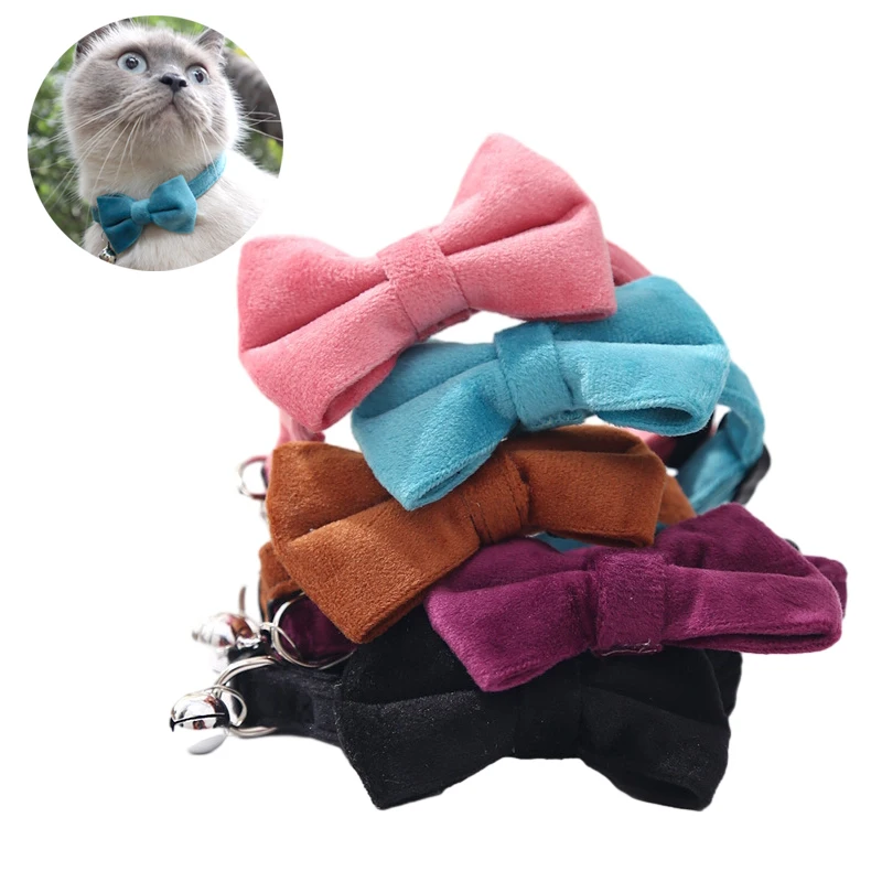 Velvet Cat Collar Solid Color Bowknot Puppy Chihuahua Collars with Bell Adjustable Safety Buckle 1005012439336355