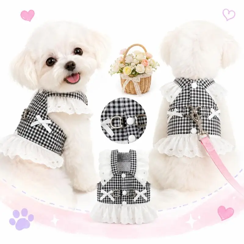 Dog Harness Dress for Small Dogs Lace Plaid Puppy Harness Vest Adjustable Walking Outfit Cute Pet 1005012440995699