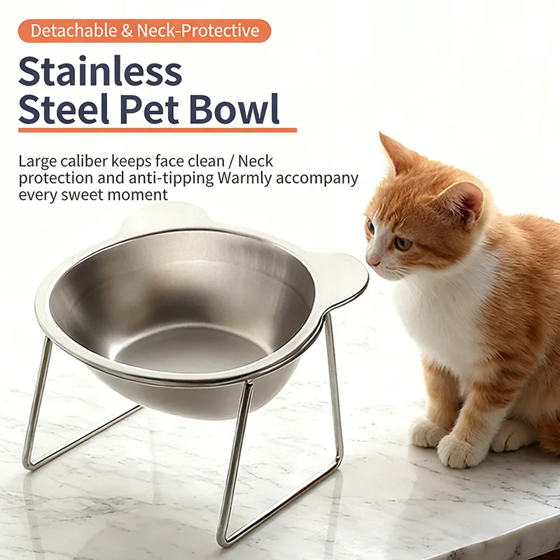 Stainless Steel Raised Cat Bowl with 15° Elevated Design Tilted Neck Guard Healthy Feeding 1005012449157728