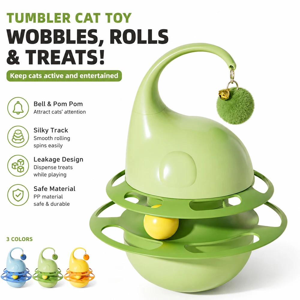 Interactive Cat Tumbler Toy with Bell Teaser Ball Rotating Track and Treat Leak Feeder for Indoor 1005012449717134