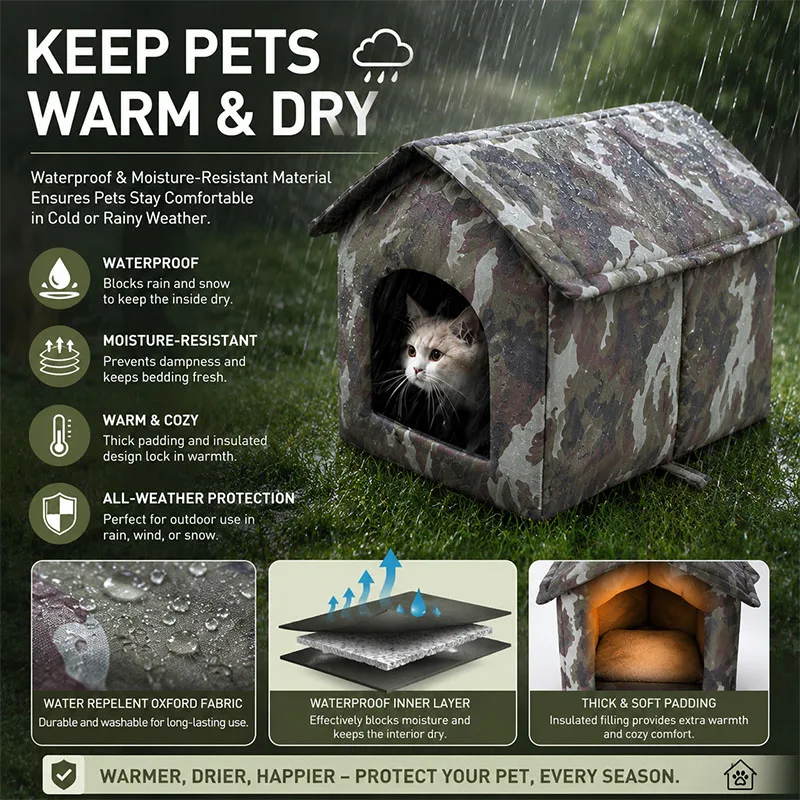 Outdoor Cat House Waterproof Windproof Insulated Warm Feral Stray Shelter Foldable 600D Oxford Pet 1005012450372445