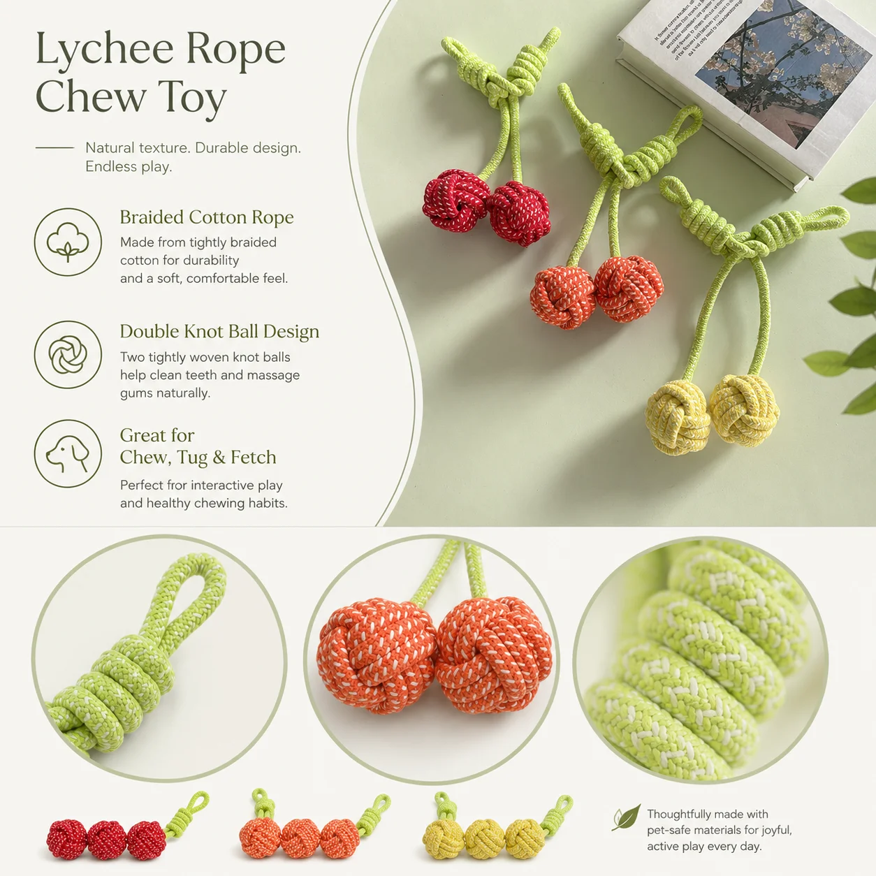 Dog Rope Toy Lychee Shape Bite Resistant Cotton Chew Toy Double Knot Ball Teeth Cleaning Tug Fetch 1005012452840057