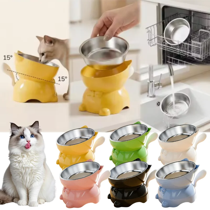 Elevated Stainless Steel Cat Bowl Raised Tilted Food Water Feeder for Cats Anti Vomiting Neck 1005012453880419