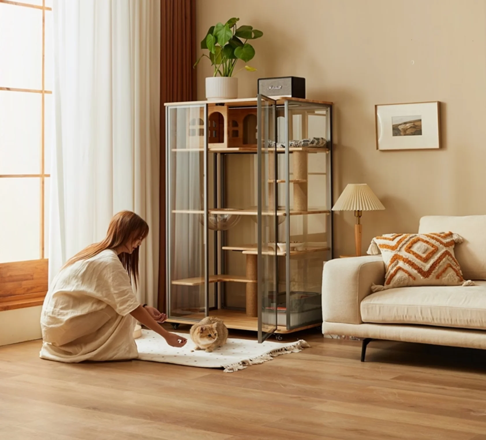 Dk-Movable Solid Wood Panoramic Luxury Cat Villa Furniture-Modern Cute Indoor Living Room Pet House 1005012461357572