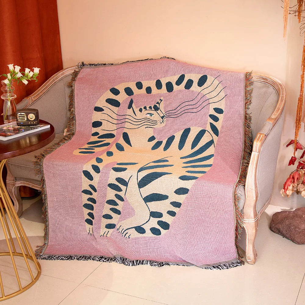Boho Abstract Cat Print Jacquard Throw Blanket Leopard Artistic Woven Tapestry with Fringe Bohemian 1005012463386115