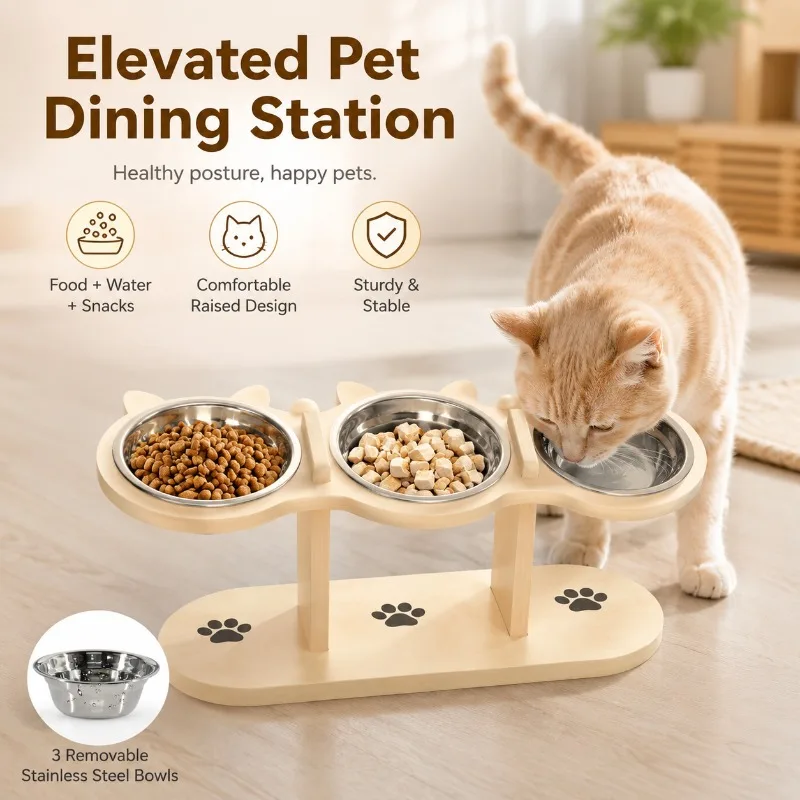 Wooden Raised Pet Feeder with 3 Removable Stainless Steel Bowls 1005012463808471