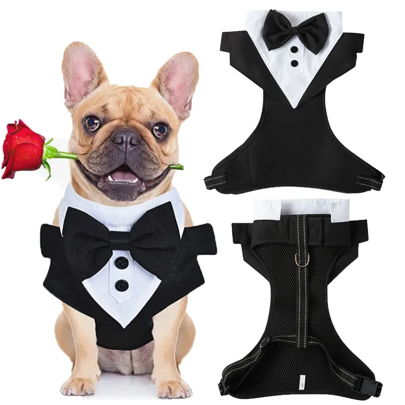 Formal Dog Tuxedo Harness with Bow Tie Adjustable Breathable Mesh Pet Vest Harness for Wedding 1005012465027432