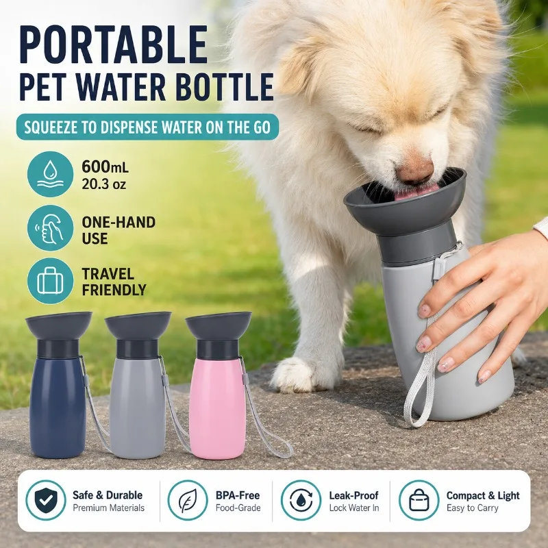 Portable Dog Water Bottle 600mL, Squeeze Pet Travel Cup with Wide Rigid Bowl 1005012466478232